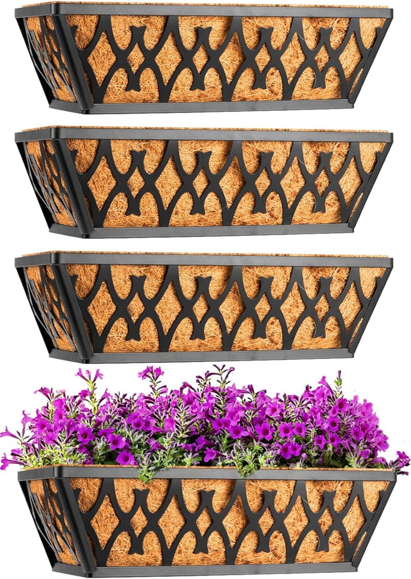 Karlliu 4 Pack 16 Inch Window Boxes Planters Railing Planter Box with Coco Liners Deck Railing Planter Boxes Balcony Hanging Flower Box for Outdoor Plants Garden Decor - Image 1